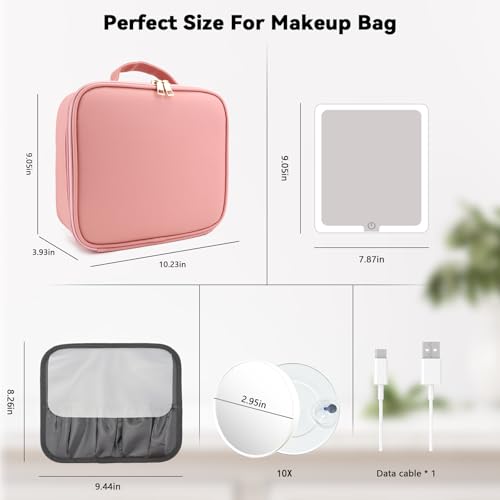 Travel Makeup Bag with LED Mirror and 10x magnifying glass with 3 Lighted Settings