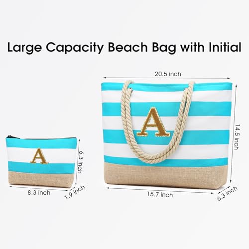 Beach Bag Initial Beach Tote with Makeup Bag for Travel