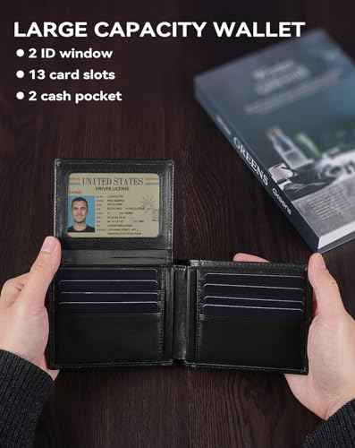 Wallet for Men RFID Blocking Genuine Leather Mens Wallets Bifold with 2 ID Window 13 Card Slots black