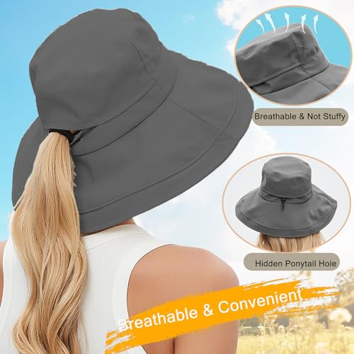Sun Hats for Women UV Protection Wide Brim Hat with Ponytail Hole Grey
