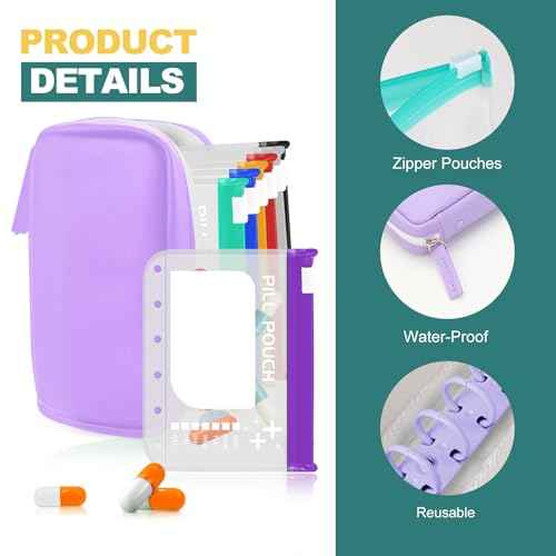 A7 Waterproof Pill Organizer with 7 PCS L Size Zippered Pill Pouches for A7 Binder (7 Count)