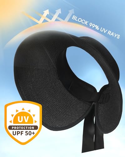 Women's Straw Sun Visor Hat UPF Wide Shade Ponytail Summer Hat
