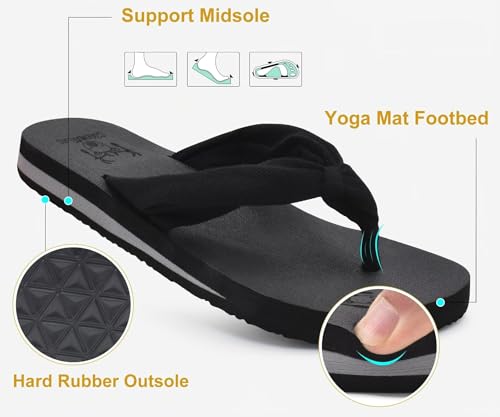 Flip Flops for Women Arch Support Summer Beach Sandals Black Size 12
