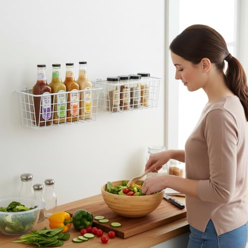 2 Set LeleCAT Hanging Wall Basket Organizer Over the Cabinet Door Adhesive Wire Baskets for Organizing Kitchen Food Pantry Bathroom Shelf Storage No Drilling Wall Mounted (2 Count)