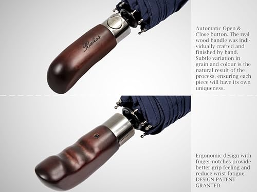Folding Umbrella Real Wood Handle Auto Open Close Dark Navy