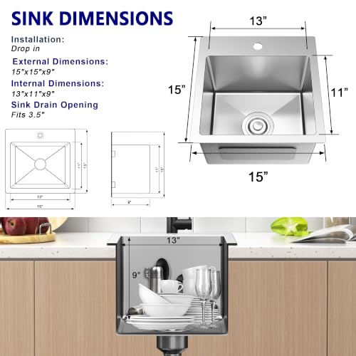 15x15x9 inch Drop In Bar Sink