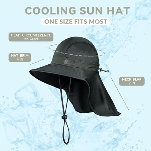 Cooling Sun Hat for Men Women UPF50+ Wide Brim Fishing Hat with Neck Flap Adjustable Foldable Bucket Hat for Hiking Black