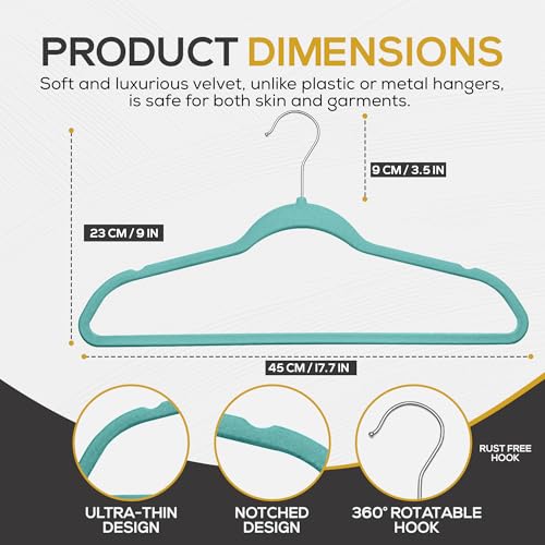 50 Pack New Premium Quality Velvet Hangers Ultra Thin Non Slip Adult Felt Space Saving Hangers for Closet Heavy Duty Coat Pants Dress Hangers 360° Swivel Hook Hold Upto 10 lbs Teal (50 Count)
