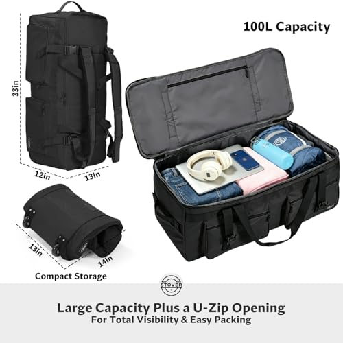 45/80/100L U-Zip Rolling Duffel Bag with Wheels, X-Large Durable Travel Duffle + Toiletry Bag, Lay-Flat Opening, Packable w/Shoulder Straps- Use as Luggage or Backpack, Men/Women (Black)