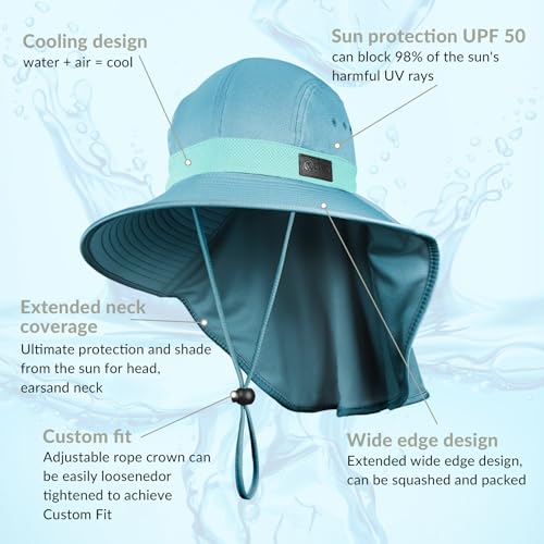 Cooling Sun Hat for Men Women UPF50+ Wide Brim Fishing Hat with Neck Flap Adjustable Foldable Bucket Hat for Hiking Light Blue