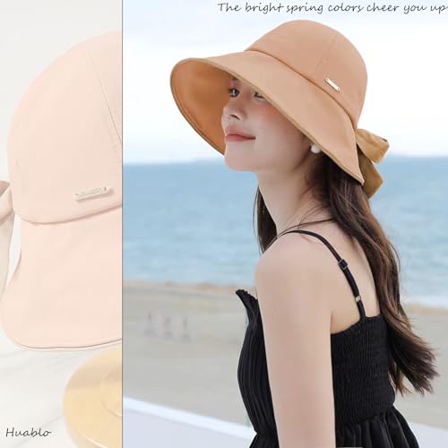 Sun Hats for Womens Wide Brim Packable Hat UV Protection Beach Hat Shapeable Ponytail Sun Hats Bowknot Bucket Hat Adjustable Fishing Hat for Women Coral Pink