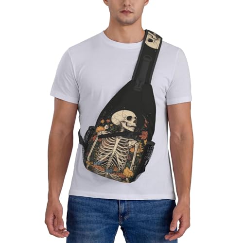 Sling Bag Skeleton Flower Skull Vintage Hiking Daypack Crossbody Shoulder Backpack Travel Chest Pack for Men Women
