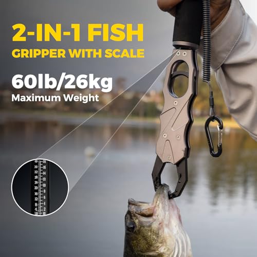 2-in-1 Fish Lip Gripper, One-Finger Operation Aluminum Alloy Fish Gripper with Scale, 60lb Weighing Fish Grabber for Large Fish, 360° Swivel Handle, Corrosion-Resistant for Saltwater & Freshwater