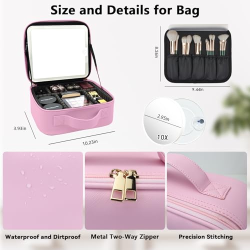Travel Makeup Bag with LED Mirror and 10x magnifying glass with 3 Lighted Settings
