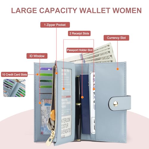 Womens Wallet RFID Blocking Vegan Leather Trifold Clutch Credit Card Holder Ladies Travel Wallet Purse with Passport