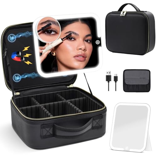Makeup Bag with Magnetic Detachable Lighted Mirror 360° Swivel Angle