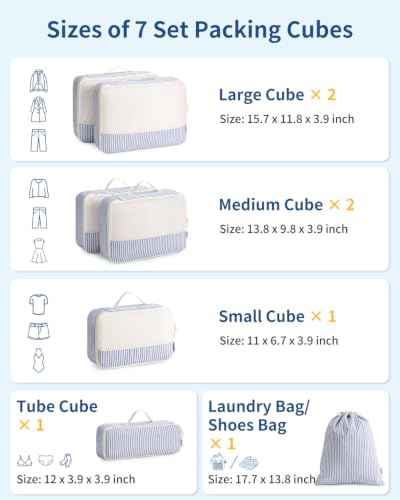 7 Set Striped Packing Cubes for Travel Carry on Suitcase