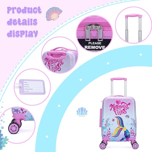 Cute Mermaid Kid’s Luggage Set 2 Piece Suitcase Set 16" Hardside Luggage with Spinner Wheels Girls Carry on Toddler Travel Rolling Luggage Airline Approved (2 Count)