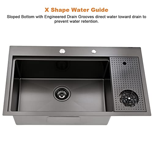 33x19 Black Drop In Kitchen Sink with Cup Washer Workstation Sink