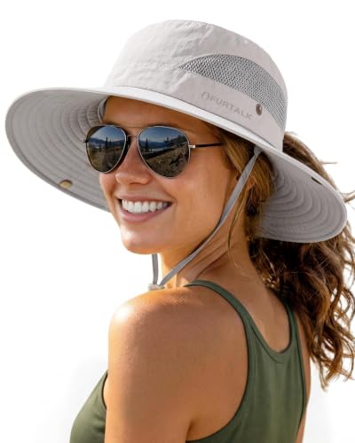 Womens Sun Hat with Ponytail Hole Beach Hiking Summer Wide Brim UPF 50+ Outdoor Protection Foldable Bucket Hat Light Grey