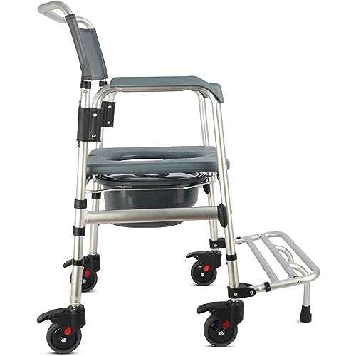 3-in-1 Aluminum Bedside Commode Toilet Shower Chair with Swivel Wheels 6.3 qt Bucket 4 Brake Casters Tool-Free Assembly Support Up to 300 lbs Height Adjustable Lightweight