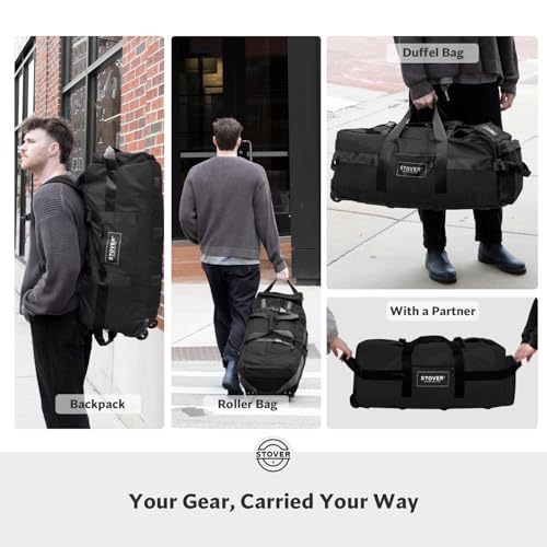 45/80/100L Rolling Duffel Bag with Wheels, X-Large Durable Travel Duffle + Toiletry Bag, Heavy Duty, Packable with Shoulder Straps- Use as Luggage or Backpack, Men/Women (Black)