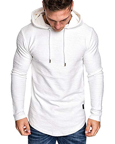 Mens Fashion Athletic Hoodies Sport Sweatshirt Solid Color Fleece Pullover white M