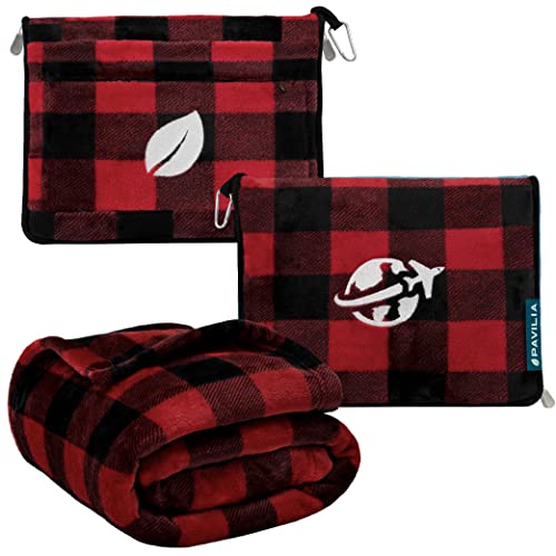 Compact 2-in-1 Travel Blanket Pillow for Airplane, Checkered Red