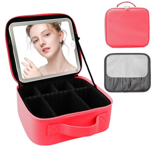 Travel Makeup Bag with LED Mirror and Light Makeup Travel Bag Organizer Portable Cosmetic Brush Organizer Bag with Adjustable Dividers for Cosmetics Makeup Brushes Toiletry