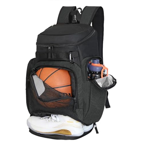 Large Basketball Backpack Sports Gym Bag with Ball Holder Ventilated Shoe Compartment Insulated Cooler Pockets Reflective Strips Fence Hook for Men Athletic Training