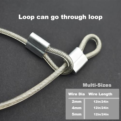 10 Pcs 2mm Wire 24 inch Vinyl Coated Stainless Steel Cable with Loops Short Wire Rope Lanyard Lock Security Chain Link for Outdoor Gates (10 Count)
