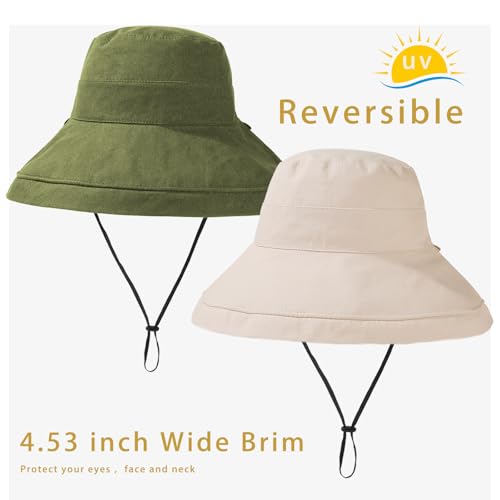 Womens Sun Hats Wide Brim Reversible Bucket Cotton Hat Packable Summer Travel Cap with Hat Clip