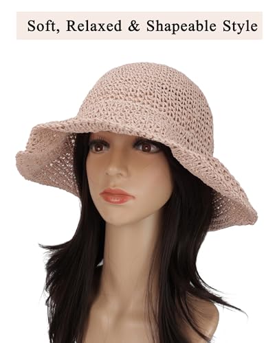 Womens Crochet Straw Sun Hat Foldable Floppy Wide Brim Beach Hat for Summer