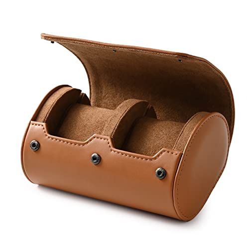 Brown Leather 2 Watch Roll Travel Case for Men