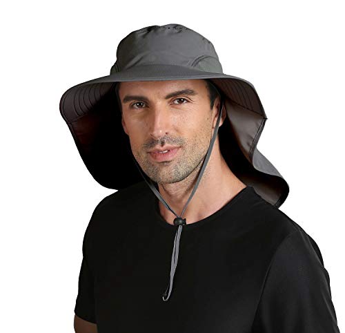 UPF50+ Mens Sun Hat Wide Brim Fishing Hat with Neck Flap Sun Protection Cap for Beach Safari