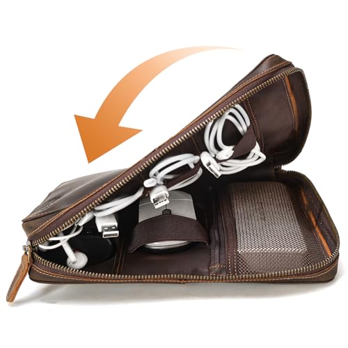Polare Full Grain Leather Travel Cable Organizer Case Electronics Accessories Carry Bag with YKK Zippers Tech Storage Bag for Cables