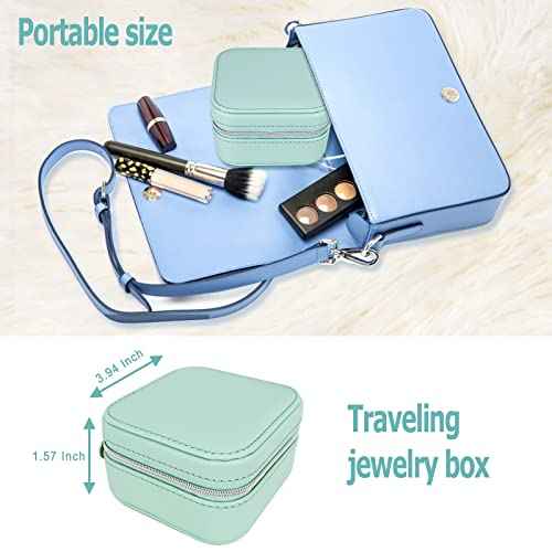2 Pack】 PU Leather Travel Small Portable Mini Travel Jewelry Organizer for Rings Necklaces Earrings and Lipstick Green and Pink (2 Count)