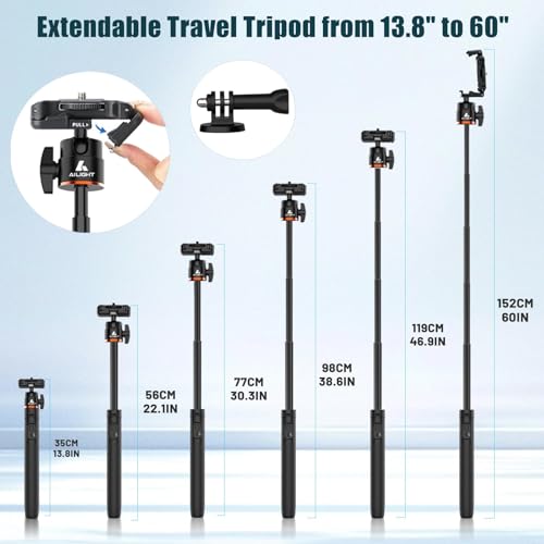 60" Extendable Travel Tripod & Selfie Stick with Cold Shoe & Wireless Remote