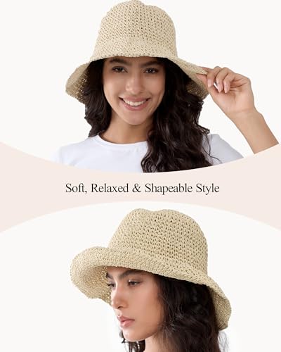 Womens Crochet Straw Sun Hat Foldable Floppy Wide Brim Beach Hat for Summer