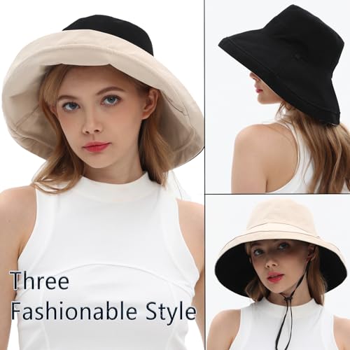 Womens Sun Hats Wide Brim Reversible Bucket Cotton Hat Packable Summer Travel Cap with Hat Clip