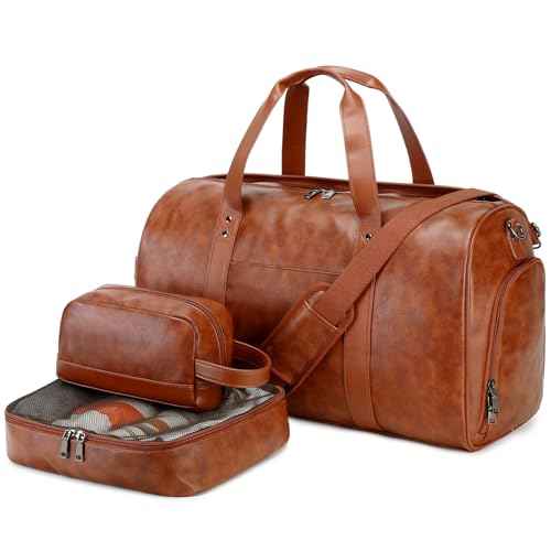 3PCS Faux Leather Weekender Bag for Women Men Travel Bag Overnight Bags (3 Count)