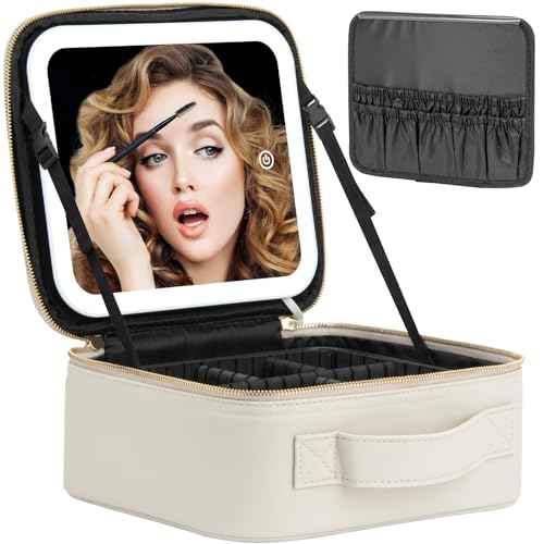 Makeup Travel Train Case with Mirror LED Light 3 Adjustable Brightness Large Cosmetic Bag Portable Storage Adjustable Partition Waterproof Make up Brushes Makeup Jewelry Gift for Women