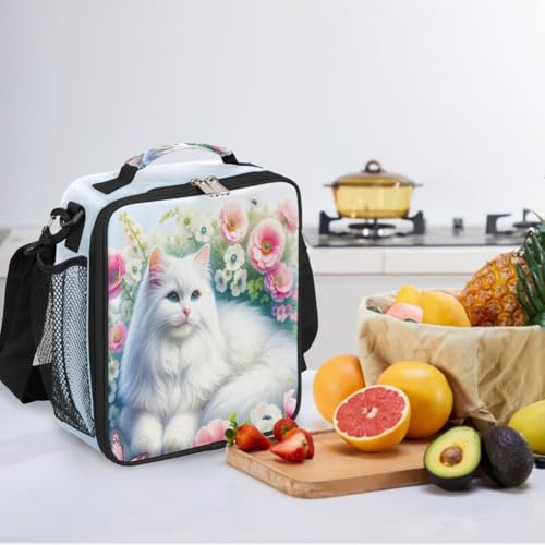 Cat Flower Kids Lunch Box for Girls Boys Reusable Insulated Lunch Bag for Kids Toddler Thermal Cooler Spacious Lunchbox with Shoulder Strap Lunchbag for School Work Picnic (print 12)