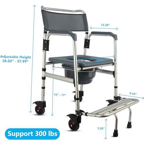 3-in-1 Aluminum Bedside Commode Toilet Shower Chair with Swivel Wheels 6.3 qt Bucket 4 Brake Casters Tool-Free Assembly Support Up to 300 lbs Height Adjustable Lightweight