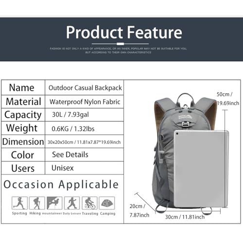 Hiking Backpack 30L Foldable Travel Daypack For Women Men