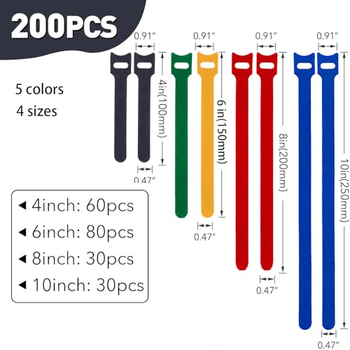 200PCS Reusable Cable Ties Wire Ties Cord Organizer Cable Organizer Adjustable Cable Management 4+6+8+10 inch 5 Colors (200 Count)