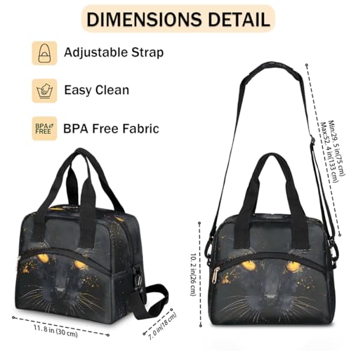 Black Animal Cat Insulated Lunch Bag for Women Girl Reusable Lunch Tote Box With Shoulder Strap Lightweight Thermal Cooler Meal Prep Bag for Work School Office Picnic (print 2)