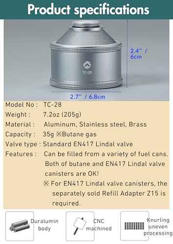 CAMPINGMOON Empty Refillable Cylinder 35g Standard for Backpacking Camping EN417 Lindal Valve Silver TC