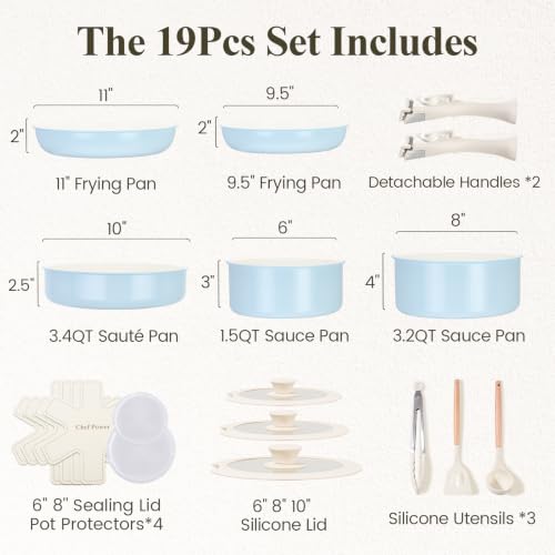 Ceramic Nonstick Pots and Pans Set 19 Piece with Detachable Handle