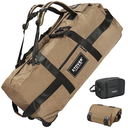 45/80/100L Rolling Duffel Bag with Wheels, Large Durable Travel Duffle + Toiletry Bag, Heavy Duty, Packable, Foldable with Shoulder Straps- Use as Luggage or Backpack, Men/Women (Tan)